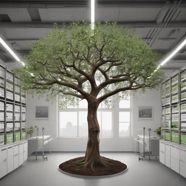 A garden filled with flourishing private sector research labs under an endlessly fruitful innovation tree