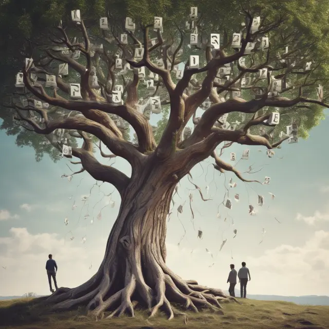 A tree symbolizing endogenous growth theory surrounded by critical question marks and falling empirical data leaves