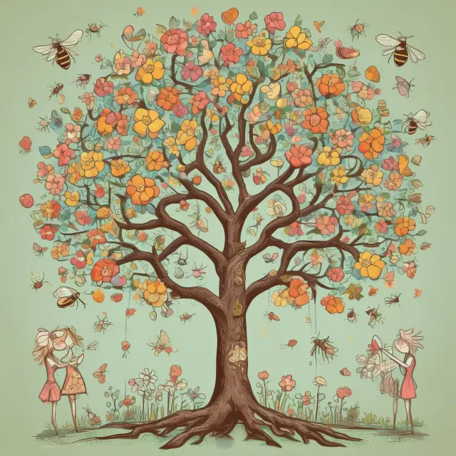 A tree adorned with flowers symbolizing human capital, bearing fruits of knowledge, and buzzing with bees representing innovation