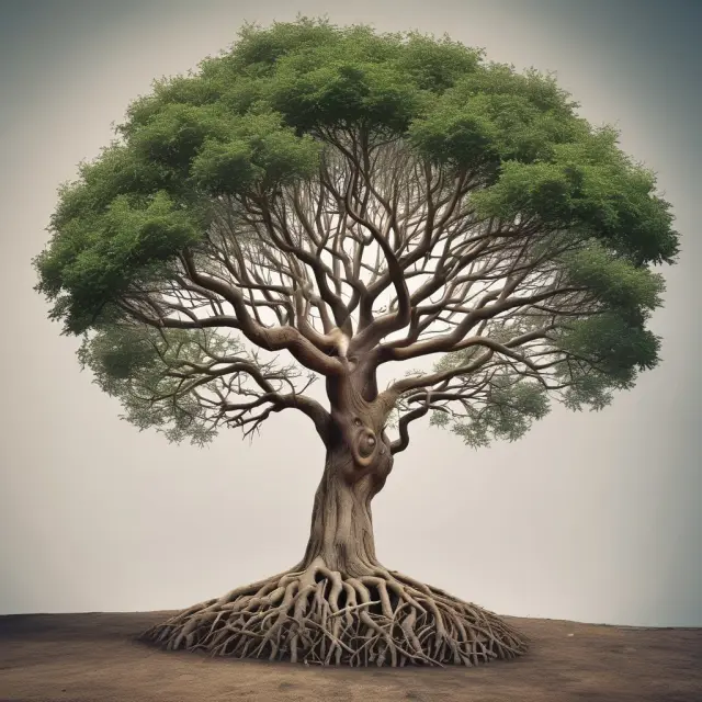 A growing tree symbolizing Endogenous Growth Theory, with intertwined roots and branches representing human capital, innovation, and investment