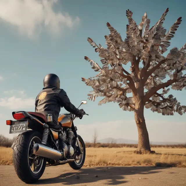 A motorcycle rider receives a pair of wings on their helmet from the branches of an ancient tree signifying the granting of a motorcycle endorsement