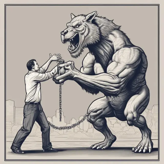 An investor battling an emotional attachment (endowment effect) to their stocks, represented by a chained beast, versus an objective market hand offering diversification