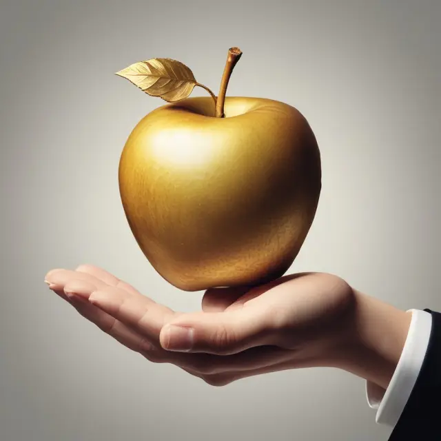 An investor holding a golden apple symbolizing the endowment effect, emphasizing their emotional attachment and reluctance to sell