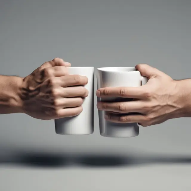 Two hands holding mugs: one with a new mug and the other empty, demonstrating the endowment effect, where possession impacts perceived worth.