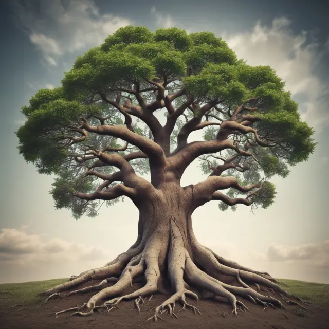 An ancient tree grows towards the sky with various roots symbolizing diverse asset classes. Donors and managers nurture its growth with clear objectives and sound investment policies.