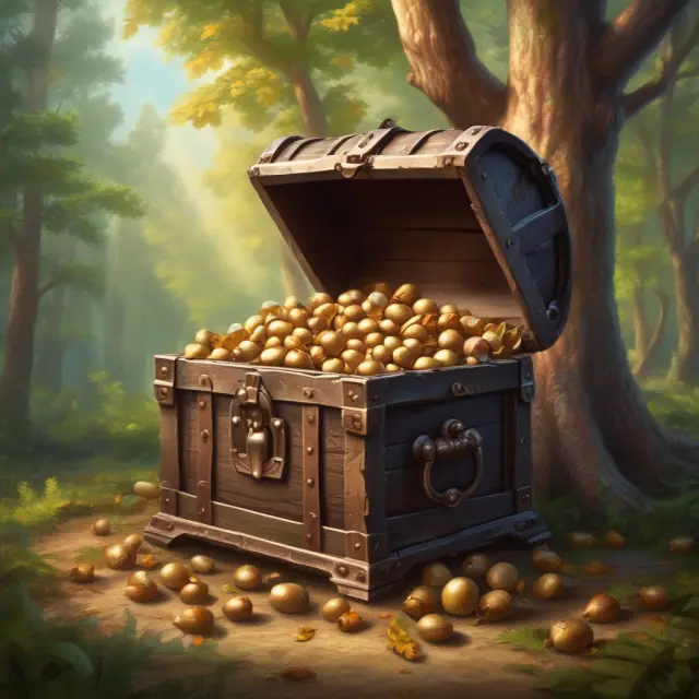 An ancient, ornate treasure chest filled with golden acorns, illustrating the growth and preservation of educational endowments.
