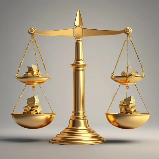 A golden scale with energy input represented by sandbags and energy output symbolized by gold coins.