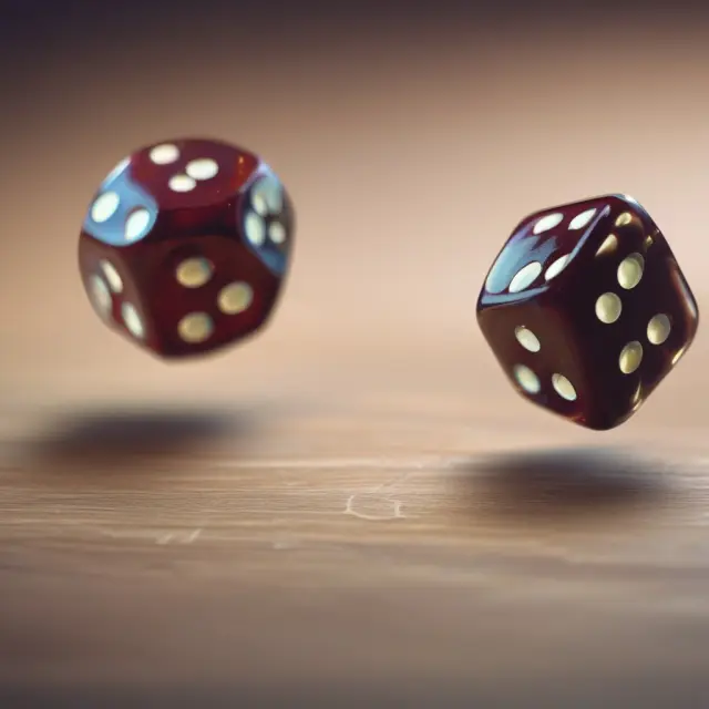 Two dice representing Part I (physical energy markets) and Part II (energy derivatives) of the ERP exam rolling on a table, symbolizing their interconnected nature