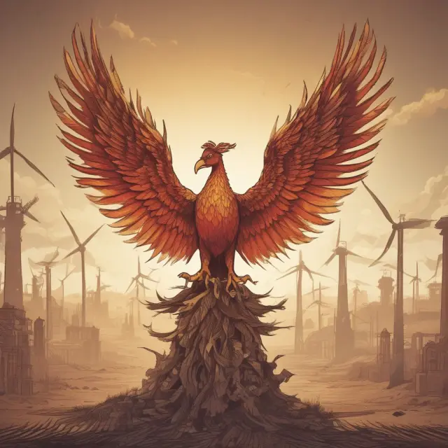 Image: A mythical phoenix arising from a pile of fossil fuels, representing the shift towards renewable energy