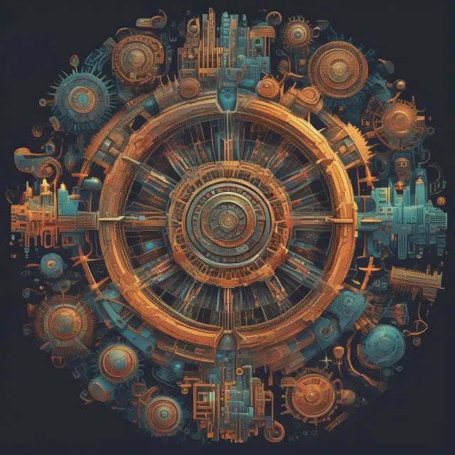 Interconnected gears symbolizing the various sub-sectors of the energy industry working together to fuel our world.