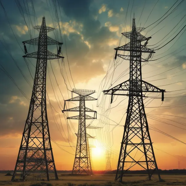 Oil rigs, wind turbines, power lines, and transformers illustrating the energy sector