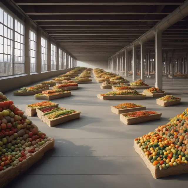 Bridge made of rice, wheat, and corn transitions into an industrial landscape, symbolizing Engel