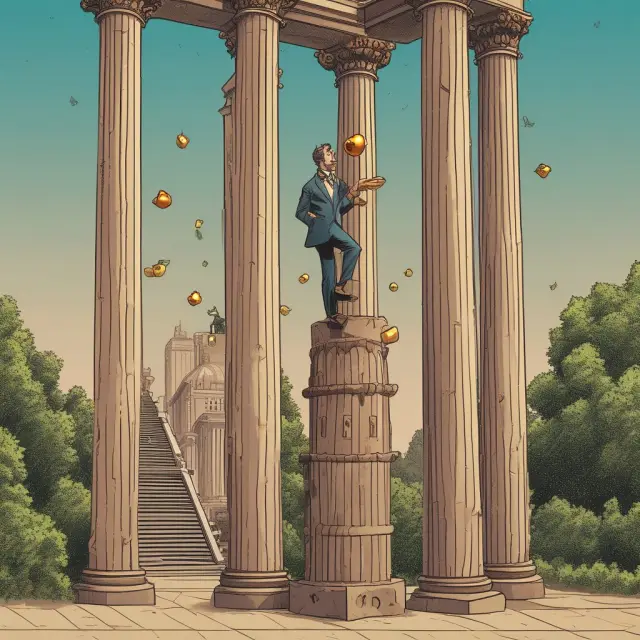 An individual deftly juggles golden apples, symbolizing objectives, while balancing on the shoulders of towering pillars representing risk tolerance