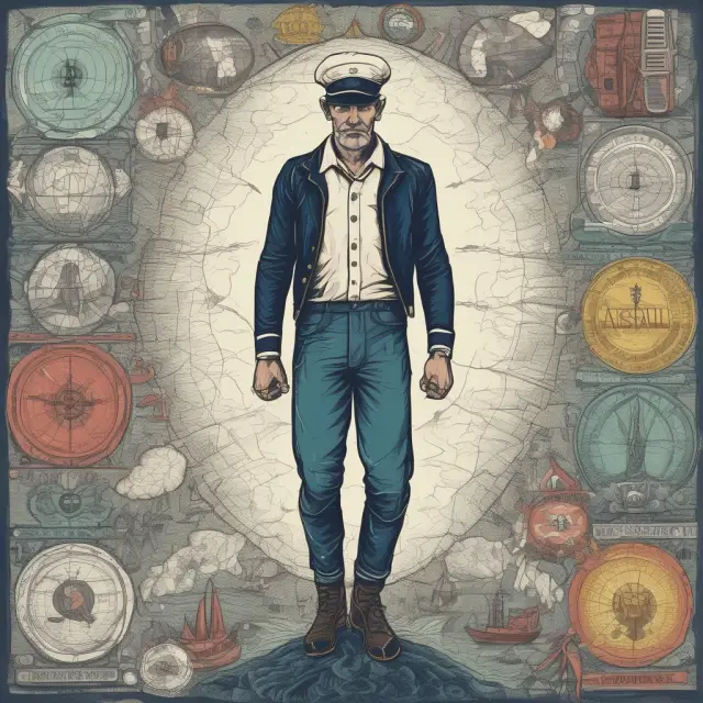 Sailor on a ship, studying map and compass to identify potential risks and navigate a sea filled with various hazards