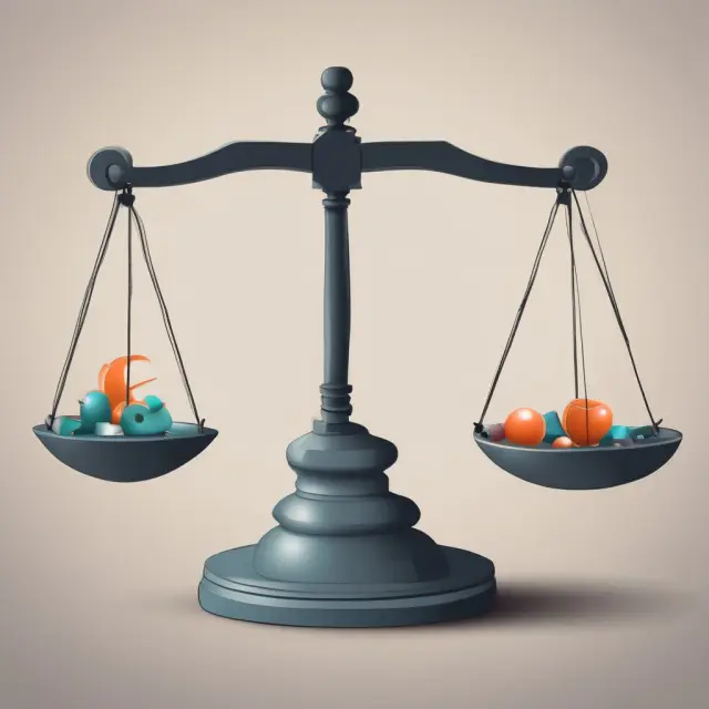 Personified weights representing probability and impact factors on a balance scale for risk assessment
