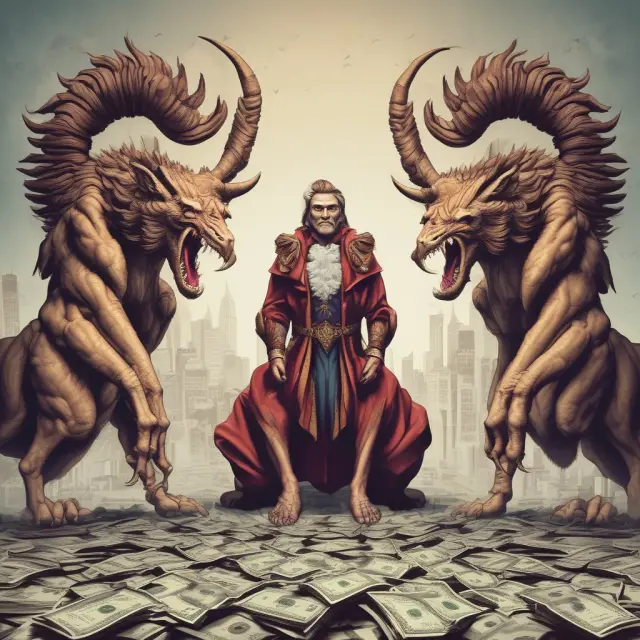 Enterprise value represented by a three-headed beast - market capitalization, debt, and cash merging to reveal the company