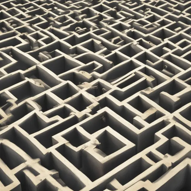 A complex maze symbolizing the Entity Theory, representing businesses as separate entities navigating through a labyrinth of accounting and legal principles