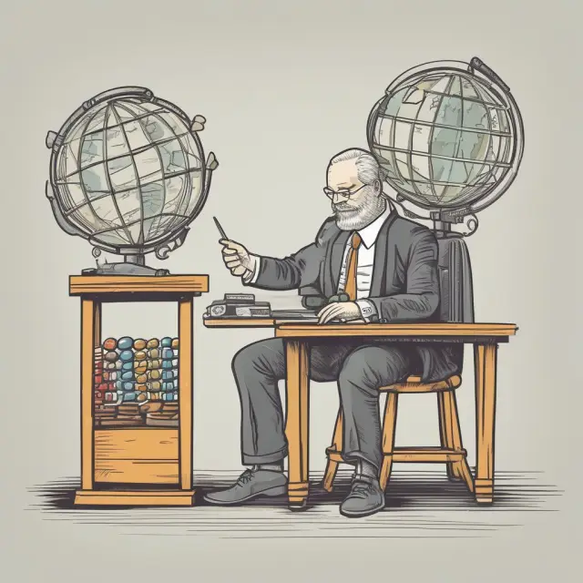 An environmental economist weighs the balance between industrial progress and ecological sustainability using a globe and an abacus.