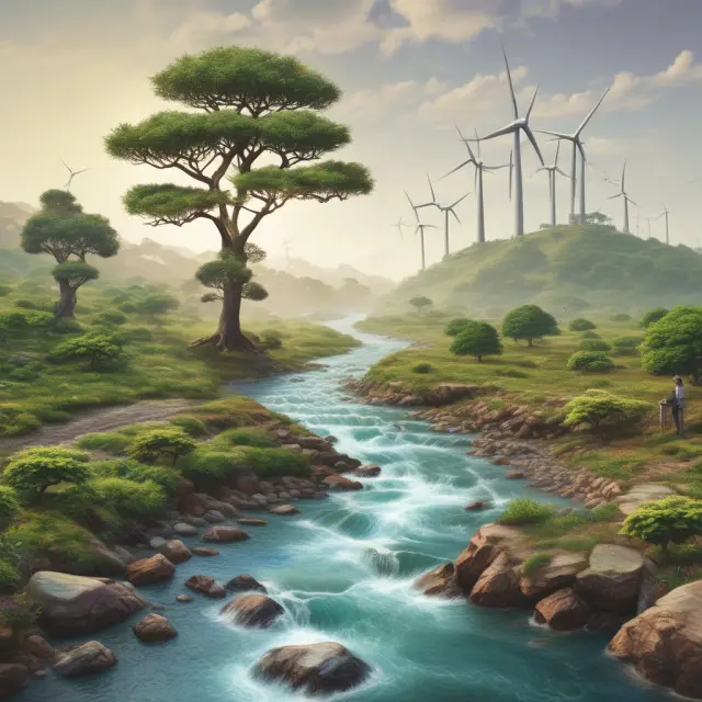 A boatman skillfully rowing through a river filled with interconnected puzzle pieces symbolizing the complex environmental challenges faced by economists in balancing growth and sustainability.