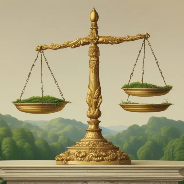 A golden scale with neoclassical economics represented by one pan and environmental economics on the other, symbolizing their balance in addressing economic challenges and externalities