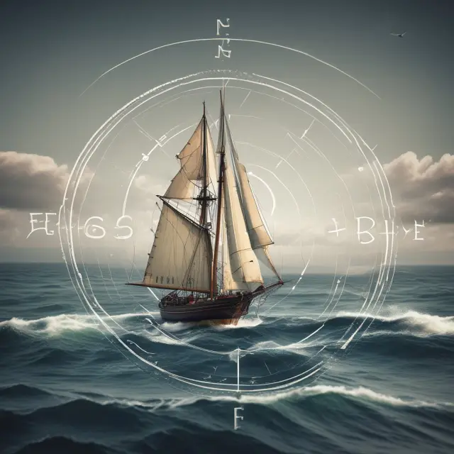 An ESG compass with North pointing towards responsible investment, guiding a sailboat through stormy waters.