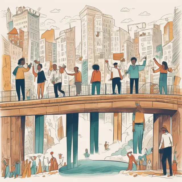 Team constructing a bridge from pillars labeled