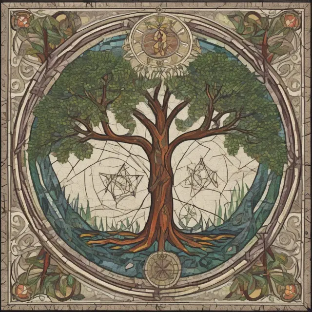 ESG Mosaic: Trees symbolize growth, compass indicates direction, hourglass represents time in ESG investing.