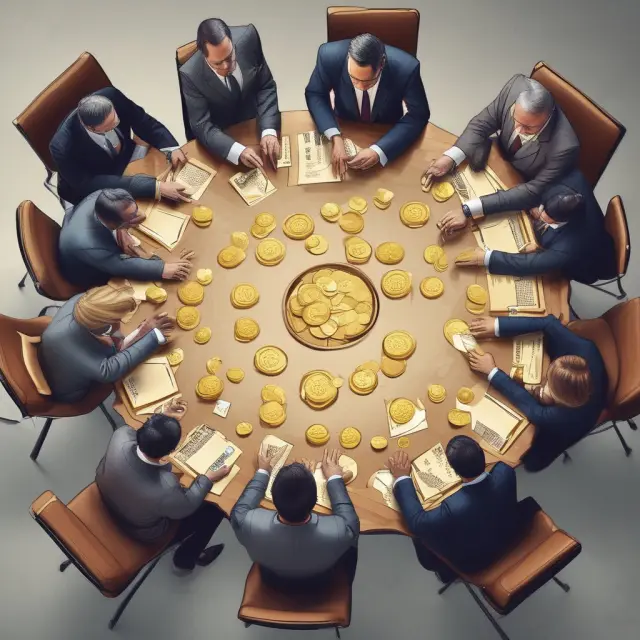 European banks sharing gold coins at a table to represent EONIA, the unified daily reference rate for Euro interbank lending