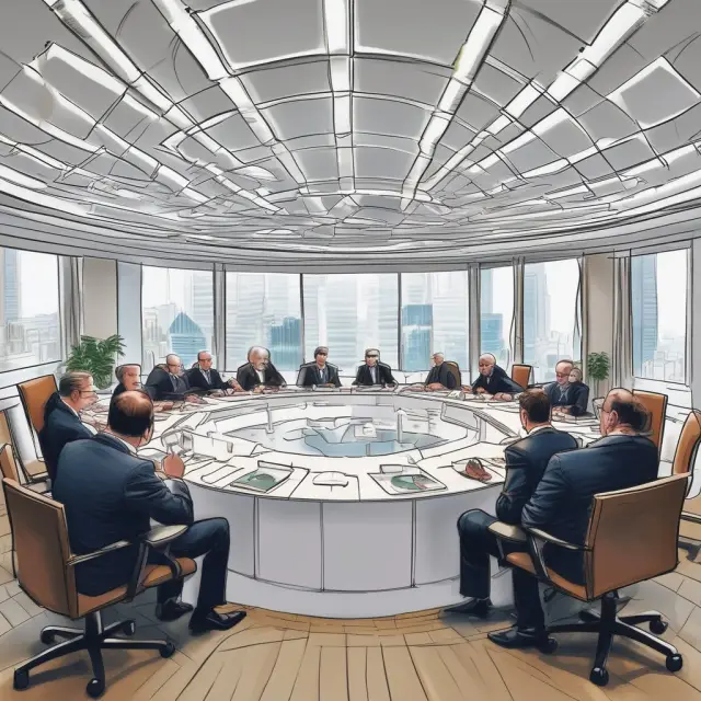 European bankers gather around a roundtable, exchanging transparent documents, symbolizing the collaboration towards creating a new benchmark rate - the Euro Short-Term Rate.