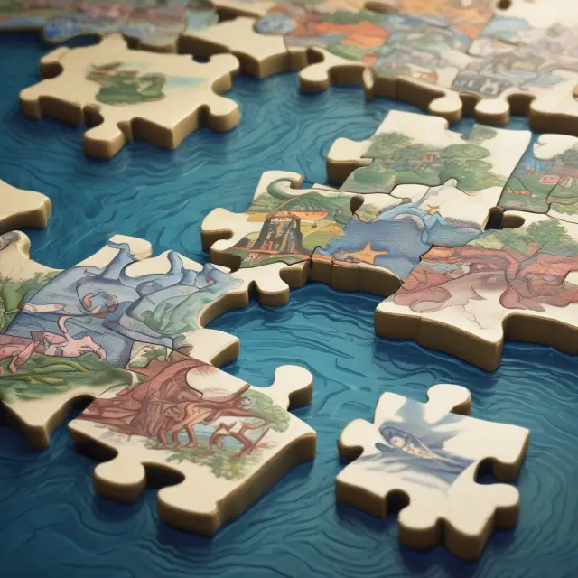 An imaginative representation of EUR, EONIA, EURIBOR, and ESTER as interconnected puzzle pieces flowing in a river
