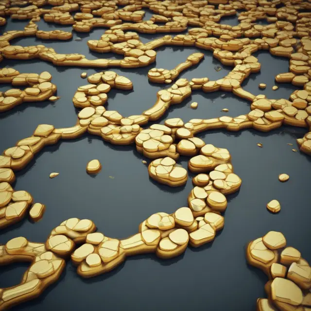Golden nuggets moving in interconnected rivers signify the smooth and efficient transfer of funds via Automated Clearing House (ACH) systems