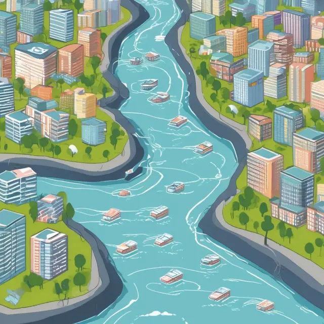 An electronic river symbolizing the Electronic Payments Network, with transactions representing water droplets flowing between interconnected financial institutions