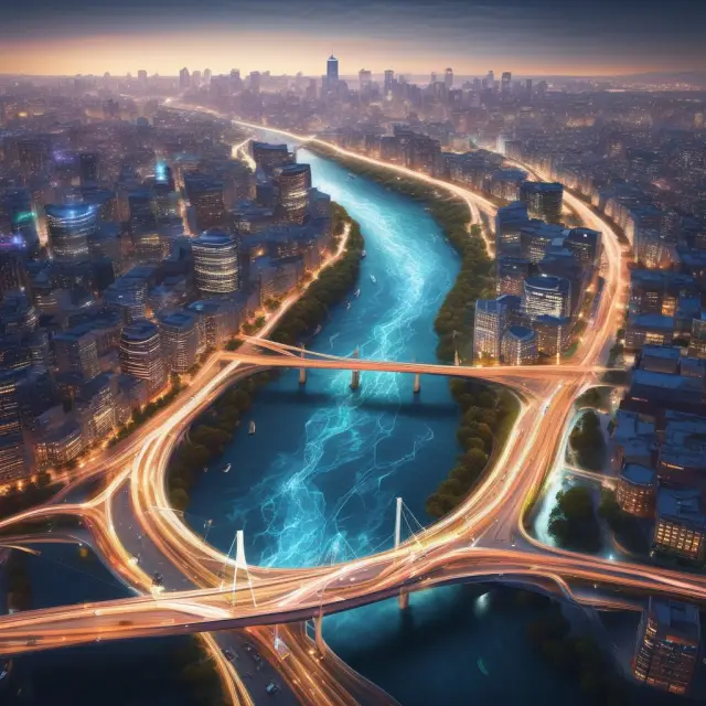 A digital river coursing through a contemporary metropolis, representing EPN