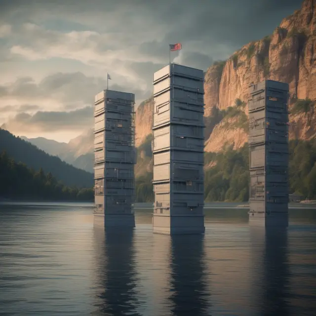 A scene of towering security structures guarding the flow of data rivers representing financial transactions within EPN