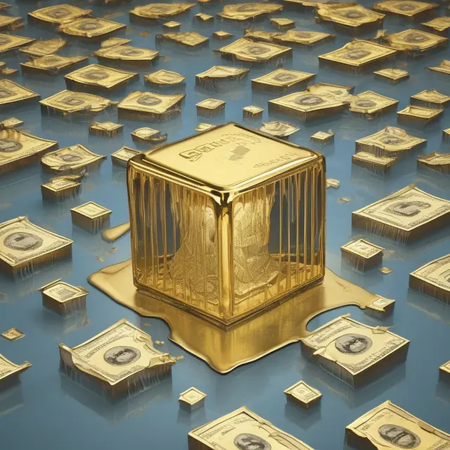 A melting US dollar ice cube compared to gold on a balance scale, symbolizing the impact of declining USD value on the equity premium puzzle