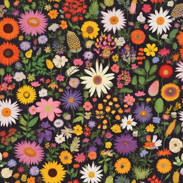 A colorful garden filled with various blooming flowers representing different stocks; some wilted and others thriving, illustrating diversification