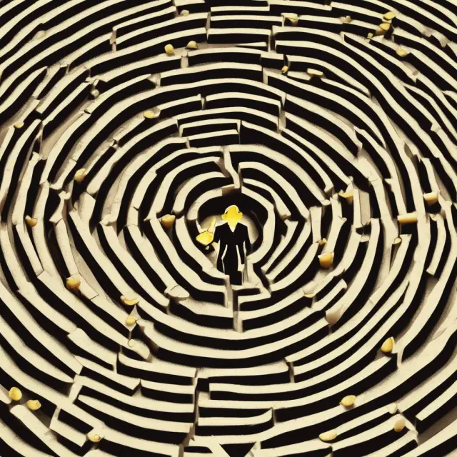 A scholar navigates a golden labyrinth, seeking answers to the Equity Premium Puzzle. The maze filled with coins symbolizes the stock market