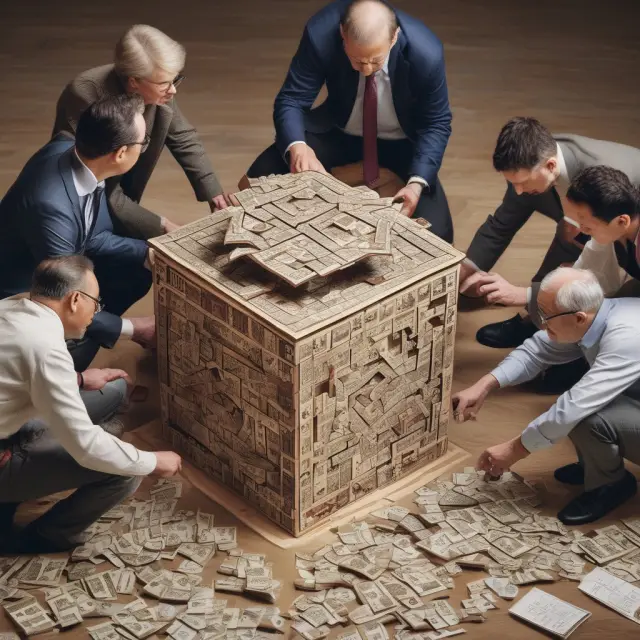 Institutional investor examining equity premium puzzle: equities and Treasury bills in a puzzle box, symbolizing diversification and long-term approach.