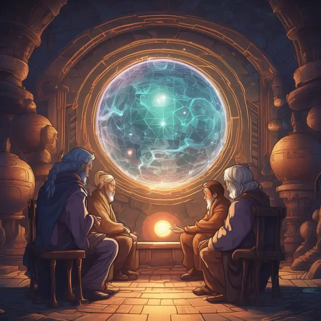 A group of scholars and researchers gathered around an illuminated globe representing the Equity Premium Puzzle, discussing potential research directions and implications.