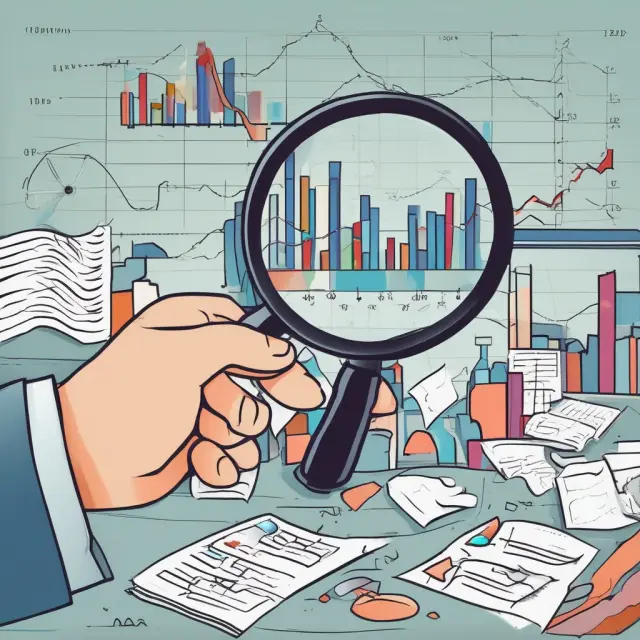 An investor examines the relationship between EPS, share price, and industry peers using magnifying glass and charts
