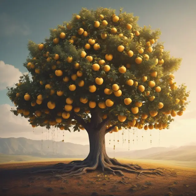 An image of a tree with gold apple branches symbolizing EPS and strong roots representing dividends
