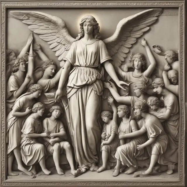 An EEOC guardian angel safeguarding diverse workers, symbolizing equal opportunities in the workplace.