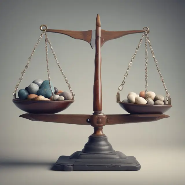 Image of balanced scales with diverse colored stones symbolizing equal-weight index constituents, adapting to fluctuating market conditions