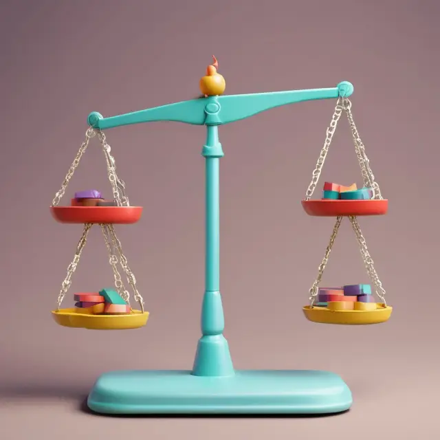 Image of two scales balanced on a seesaw, one labeled 