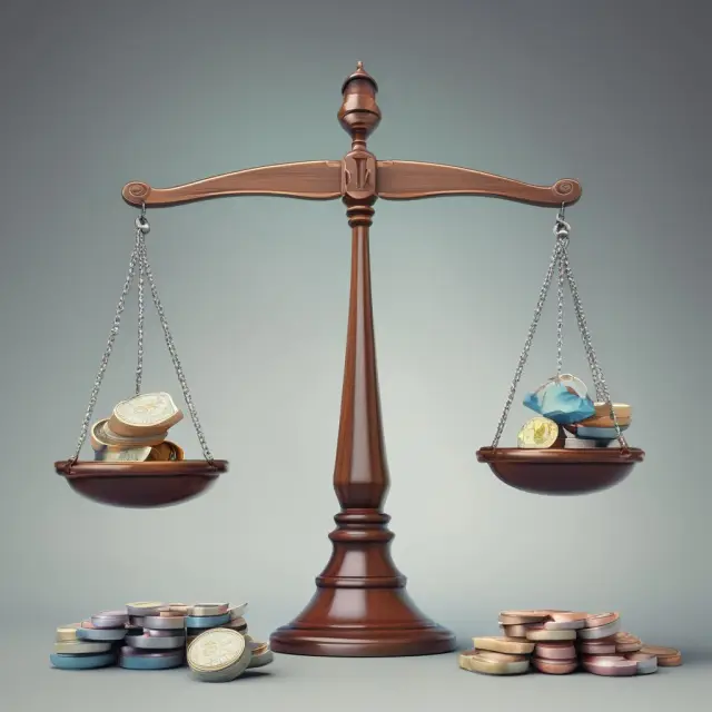 Scales balance diverse assets, symbolizing equal weight investment strategy, in front of a financial abyss