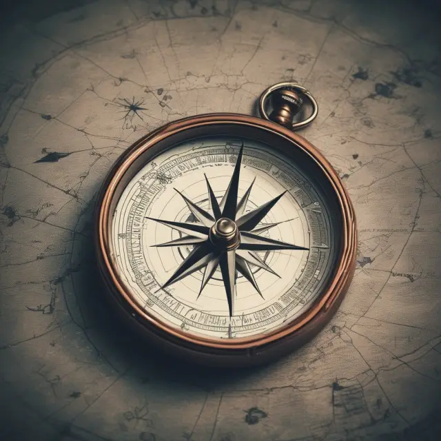 A sailor holding a compass on a stormy sea, navigating towards a lighthouse labeled 