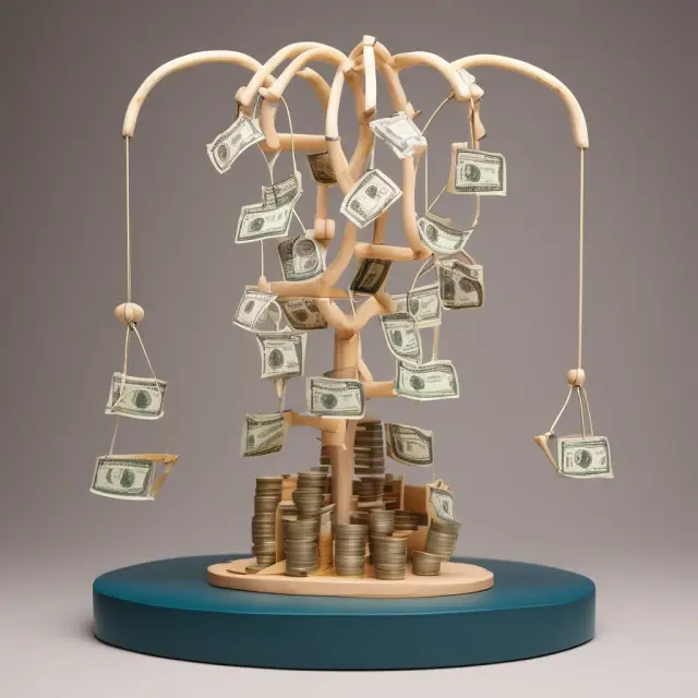Model illustrating the equation of exchange with hands exchanging money, price tags, and transactions flowing as water