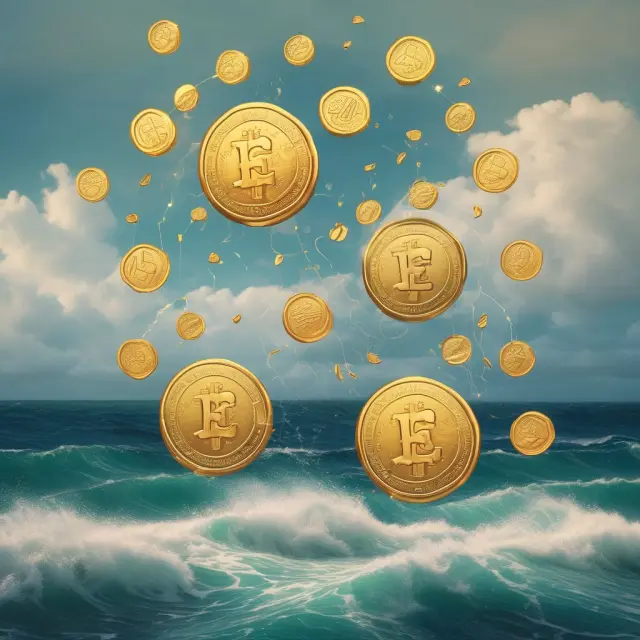 Gold coins cascading into an ocean to represent the equation of exchange and its relationship with inflation.