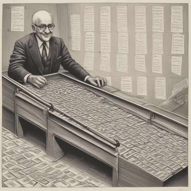 An image of Milton Friedman working at a table with the equation of exchange, featuring money flowing through a conveyor belt to illustrate his monetarist ideas.