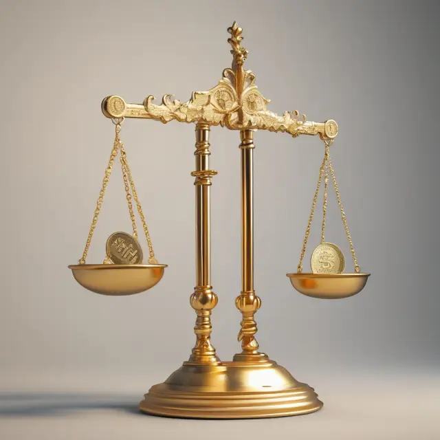 Golden scale weighing money (currency) against goods and services representing the equation of exchange.